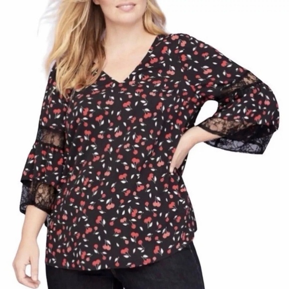 Lane Bryant Tops - Lane Bryant Black and Red Cherry Print Top Lace Ruffle 3/4 sleeve size 14/16